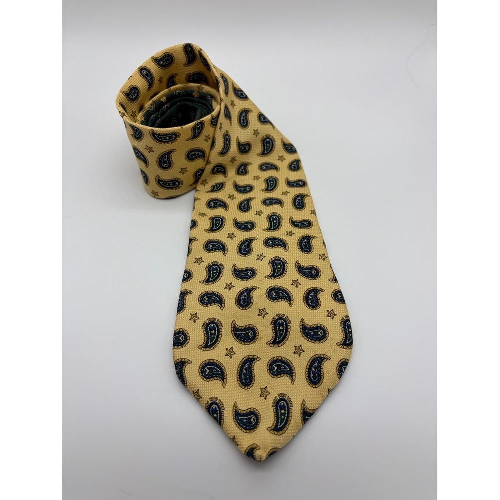 Tommy Hilfiger, Yellow 100% Silk Necktie, Blue/Green Paisley & Star Pattern